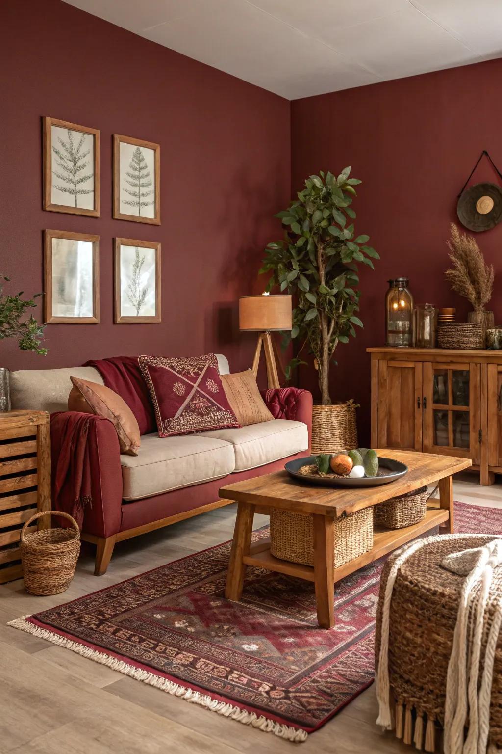 Earthy tones and burgundy come together for a naturally warm living space.