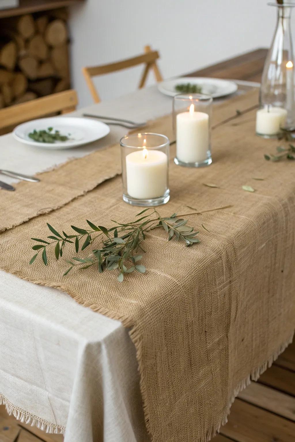 Embrace the cozy charm of burlap and candlelight for your next intimate dinner setting.