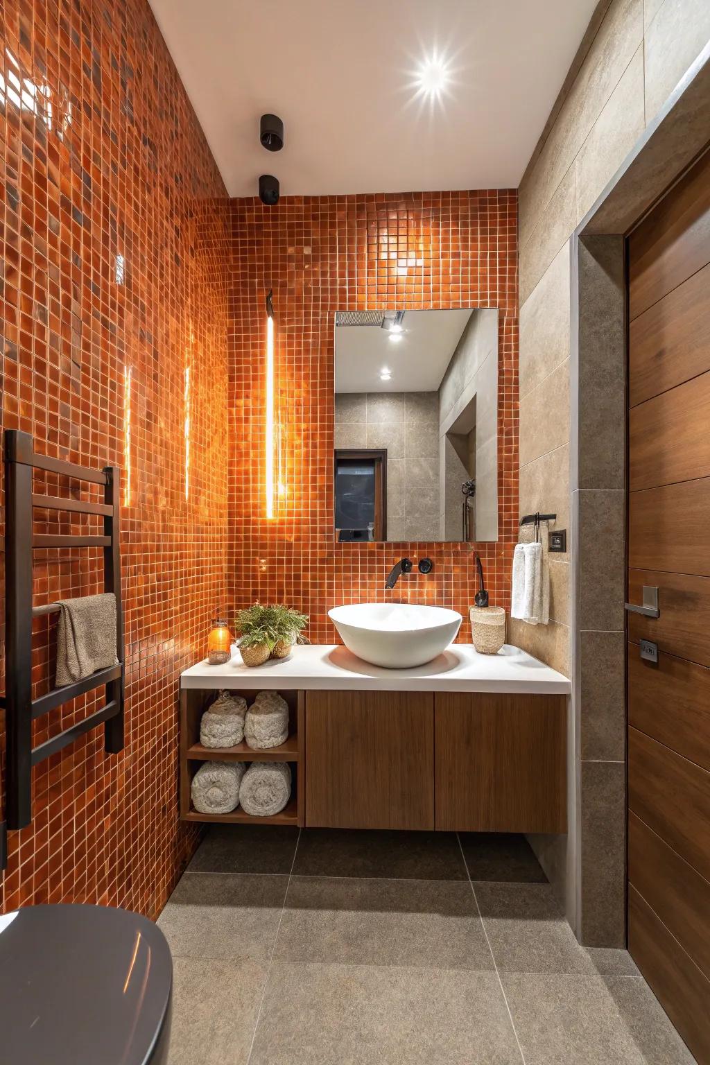 Burnt orange mosaic tiles add artistic flair to this bathroom.