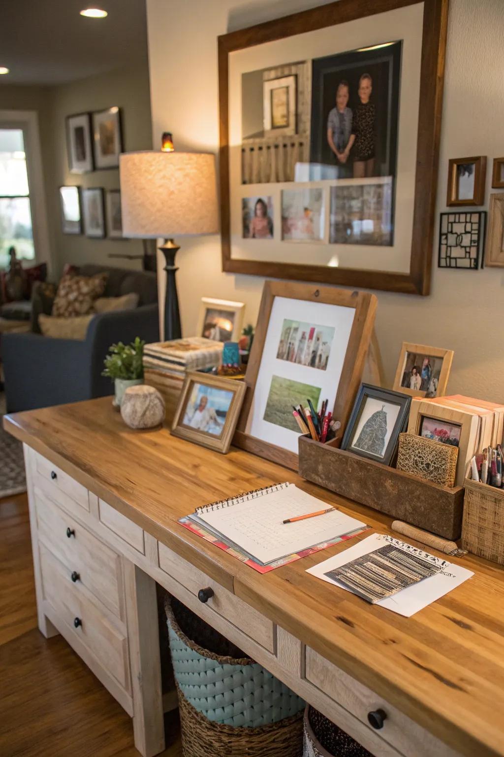 A butcher block desk personalized with art and photos.