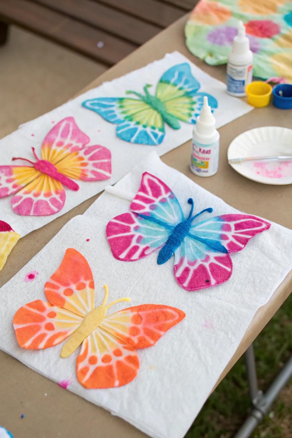 Experiment with colors using tie-dye techniques on butterflies.