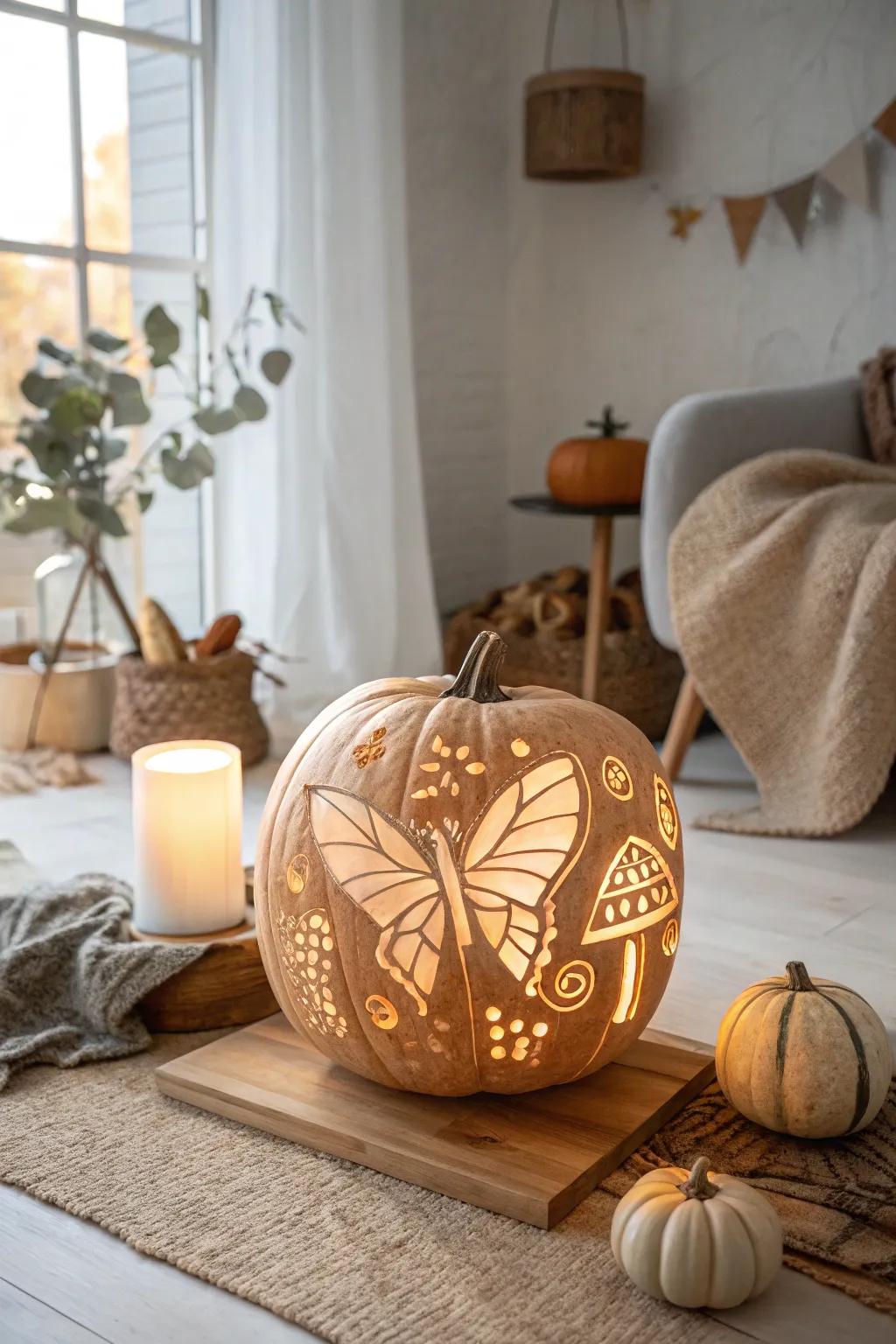 Embrace the art of shadow play with intricate butterfly carvings for a magical autumn ambiance.