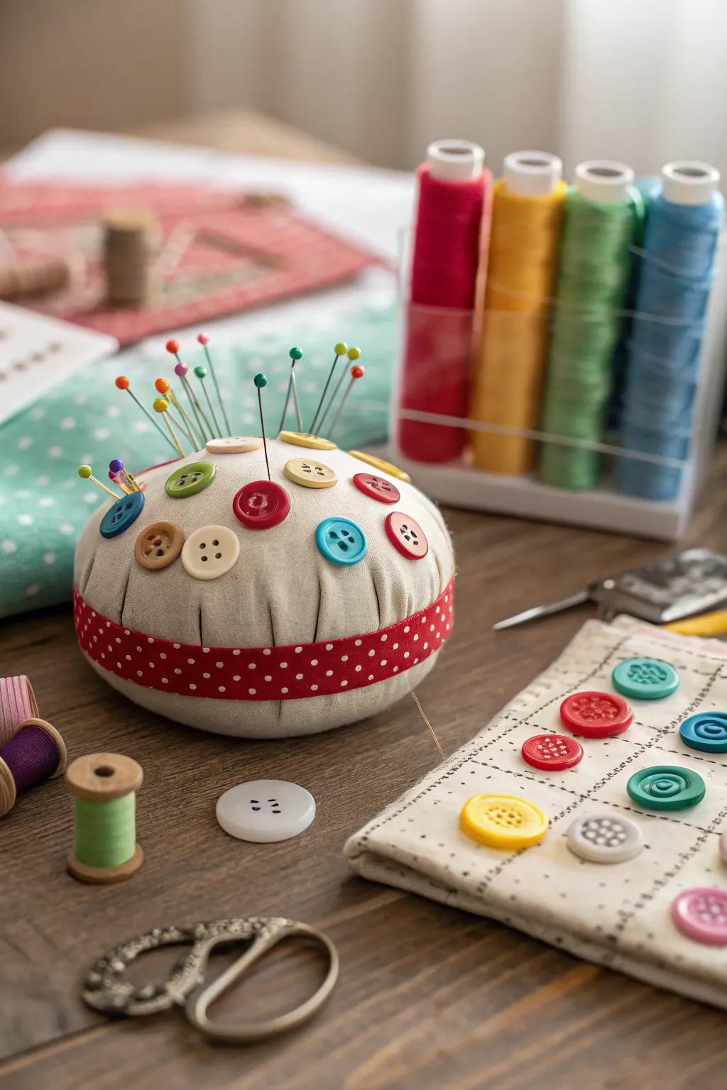 Sew with style using a charming button pin cushion.