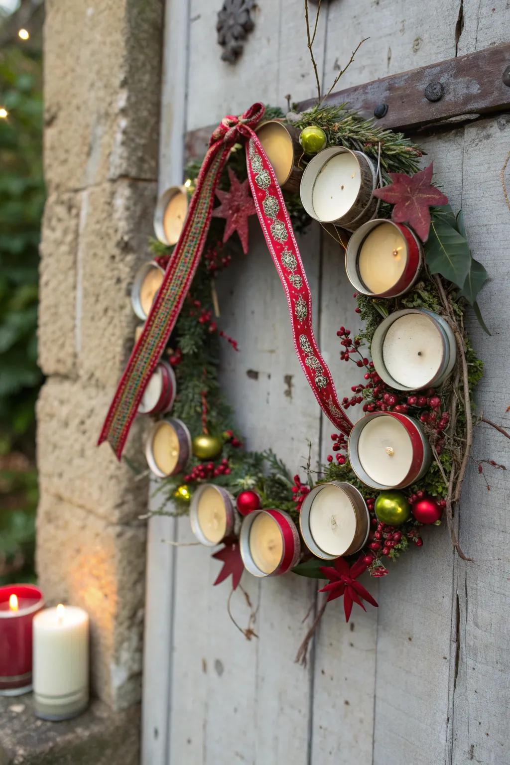 Celebrate the seasons with a rustic wreath made from candle lids.