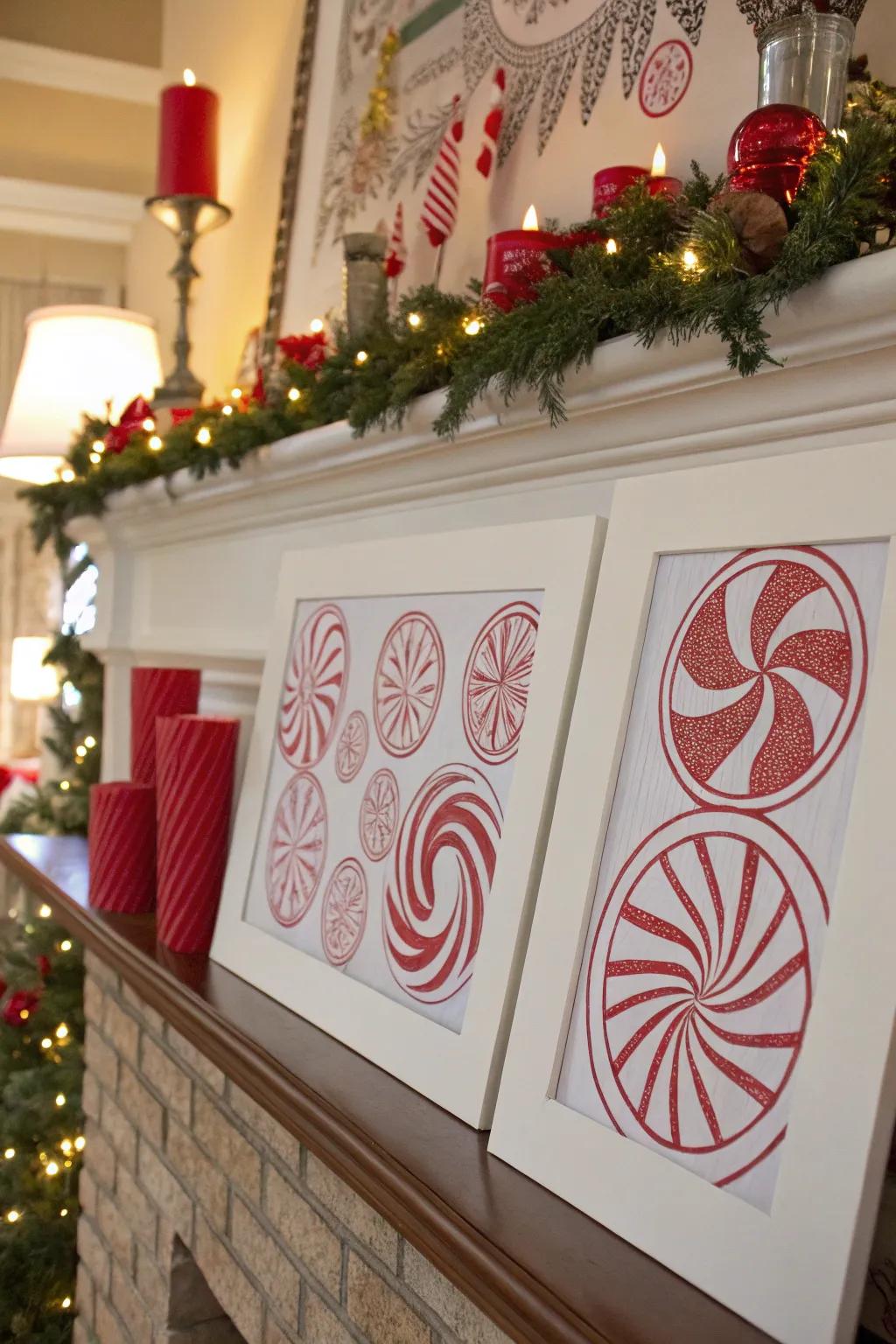 Festive peppermint swirls add holiday cheer to the mantle.