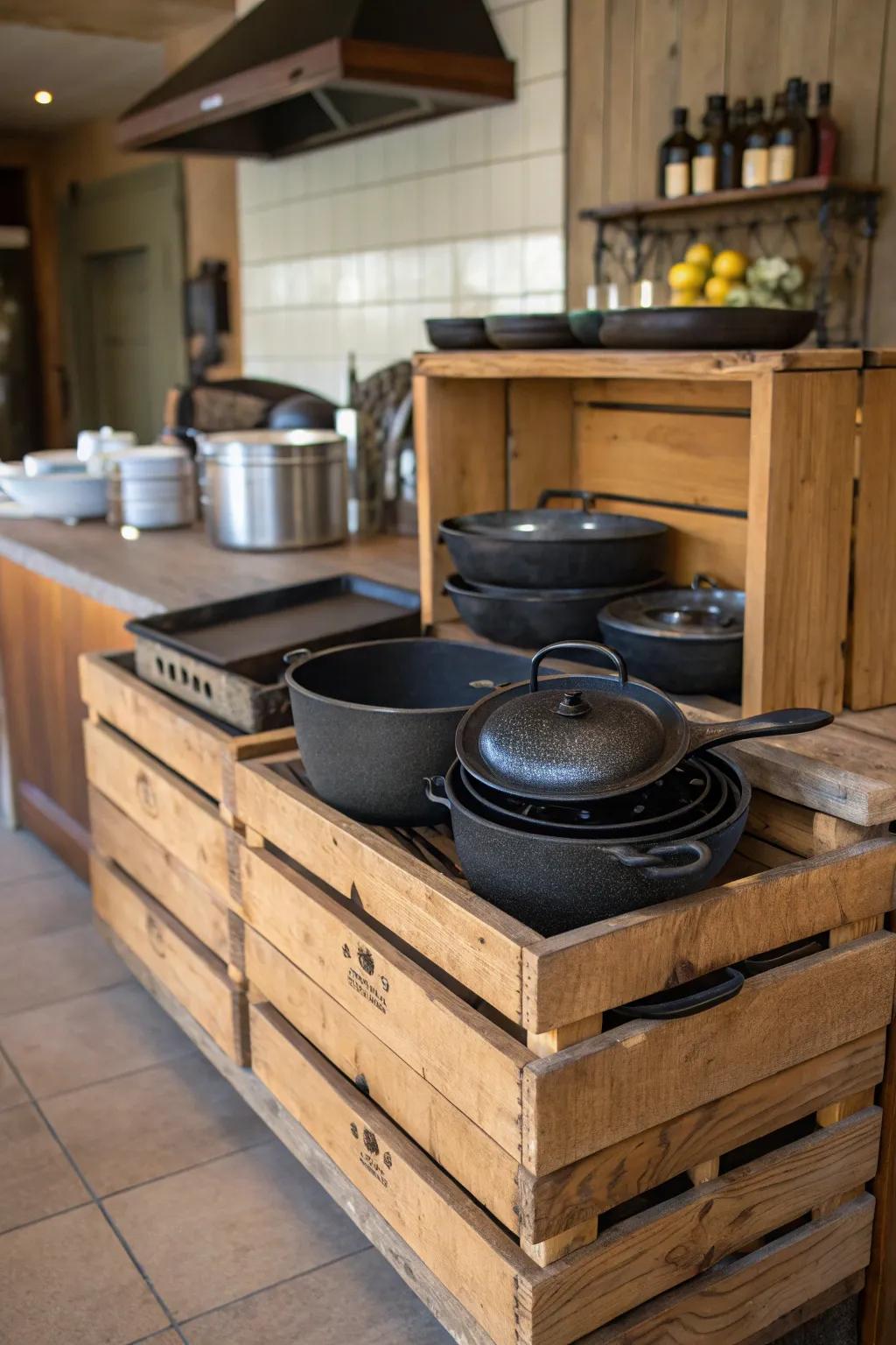 Vintage crates used for storing cast iron cookware.