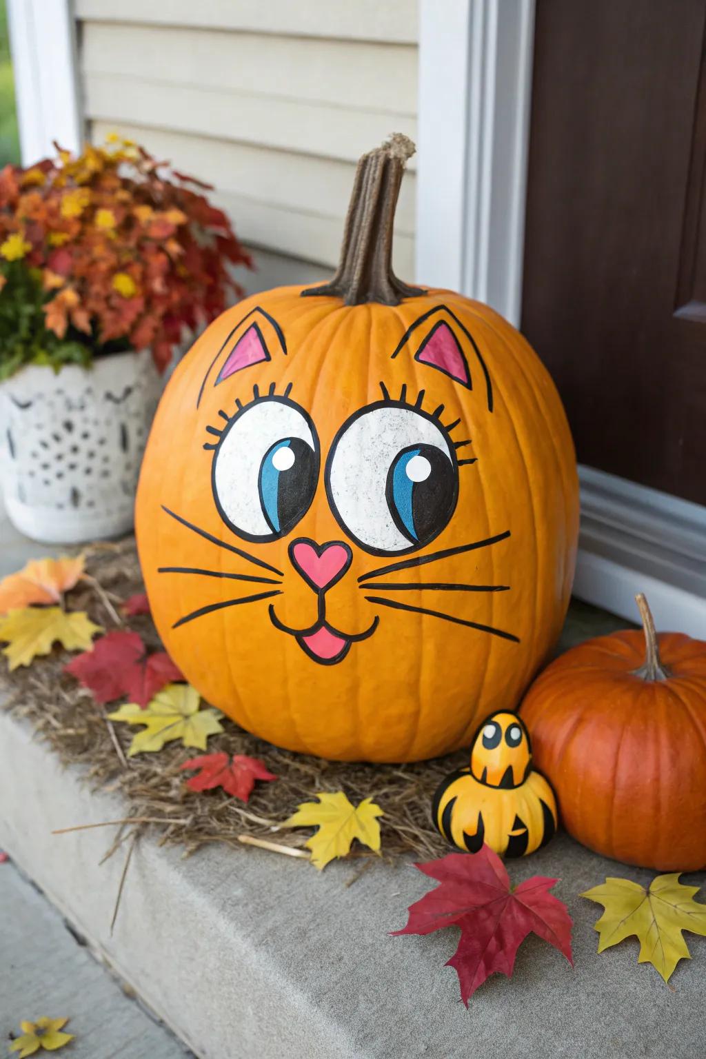 Cartoonish cat pumpkin with a playful twist.