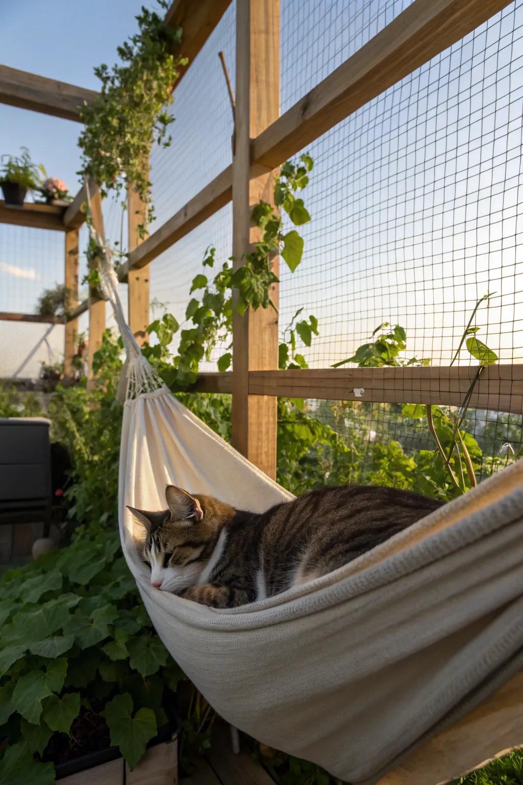 A catio with a hammock and a cat napping peacefully.