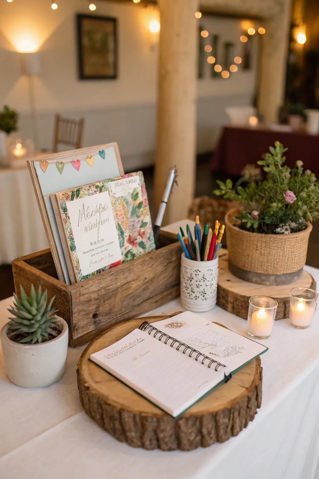 A guestbook station that captures heartfelt memories.