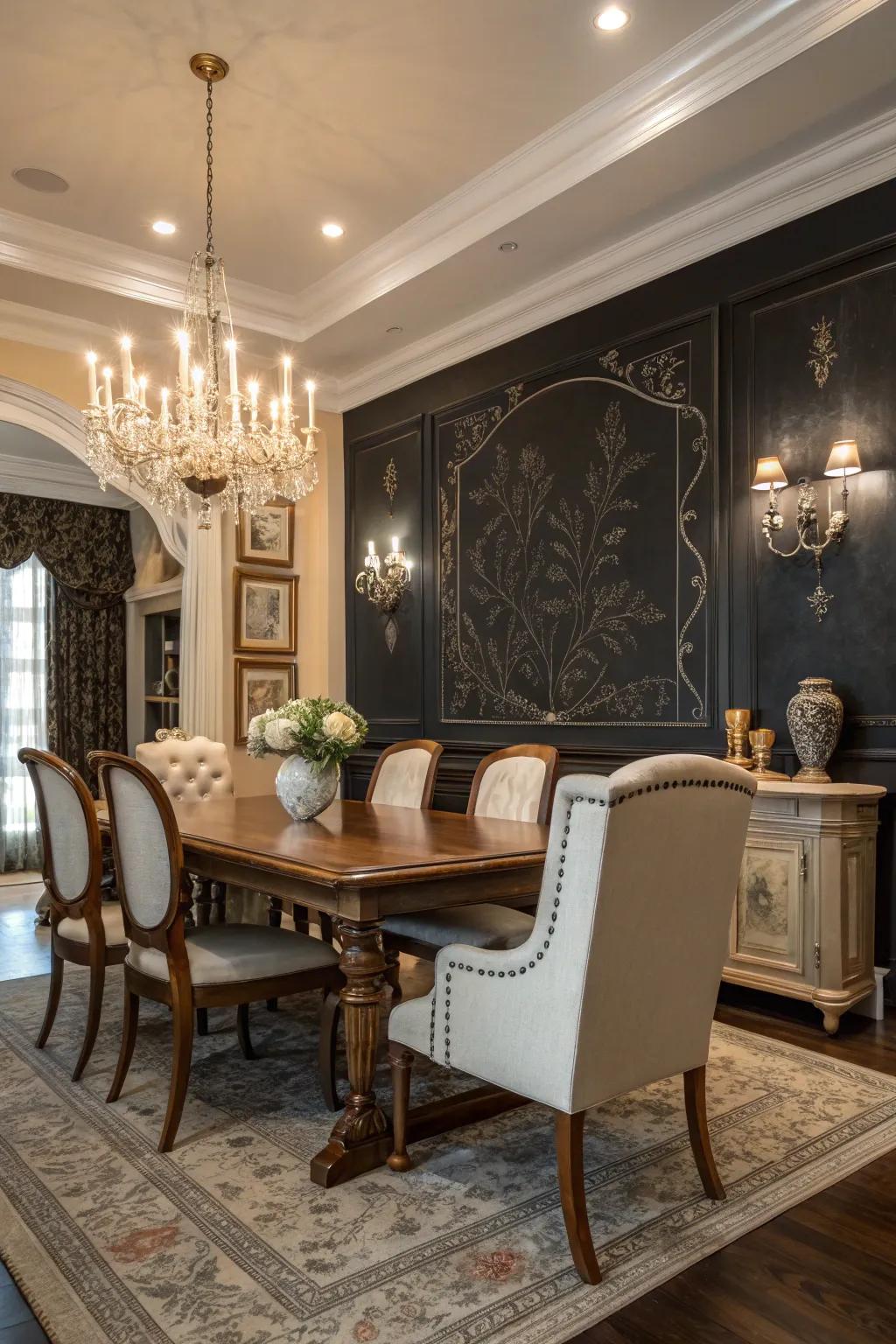 Chalk paint feature walls add drama and sophistication to dining rooms.