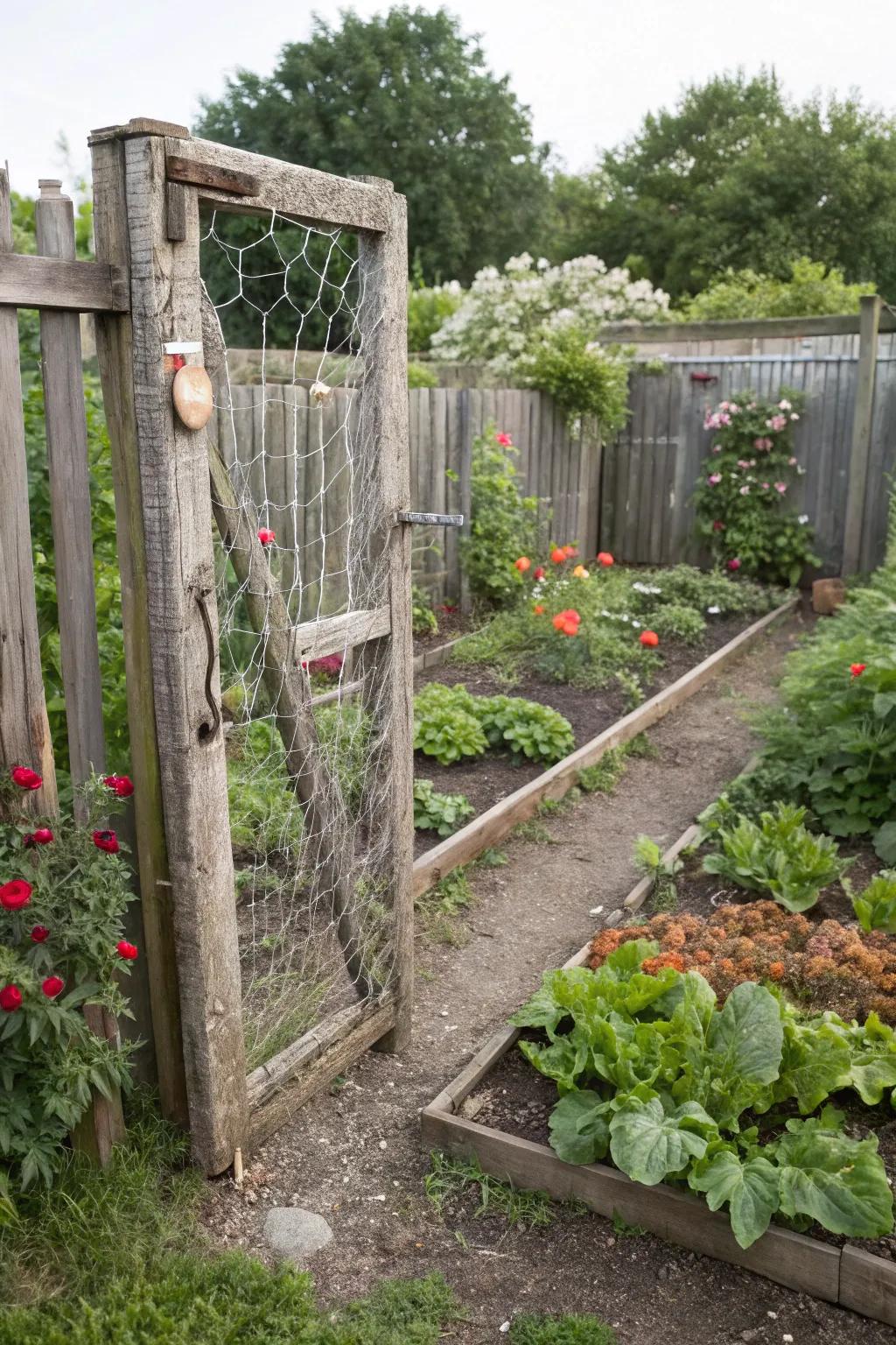 A rustic chicken wire garden gate, offering charm and protection to a vegetable garden.