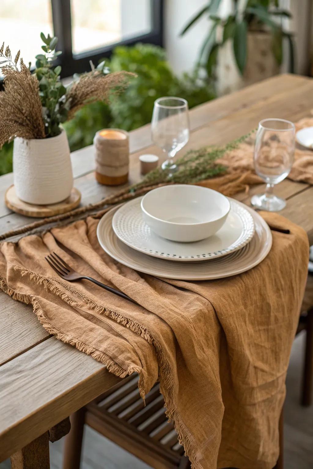 Casual comfort with an earthy-toned cheesecloth runner.