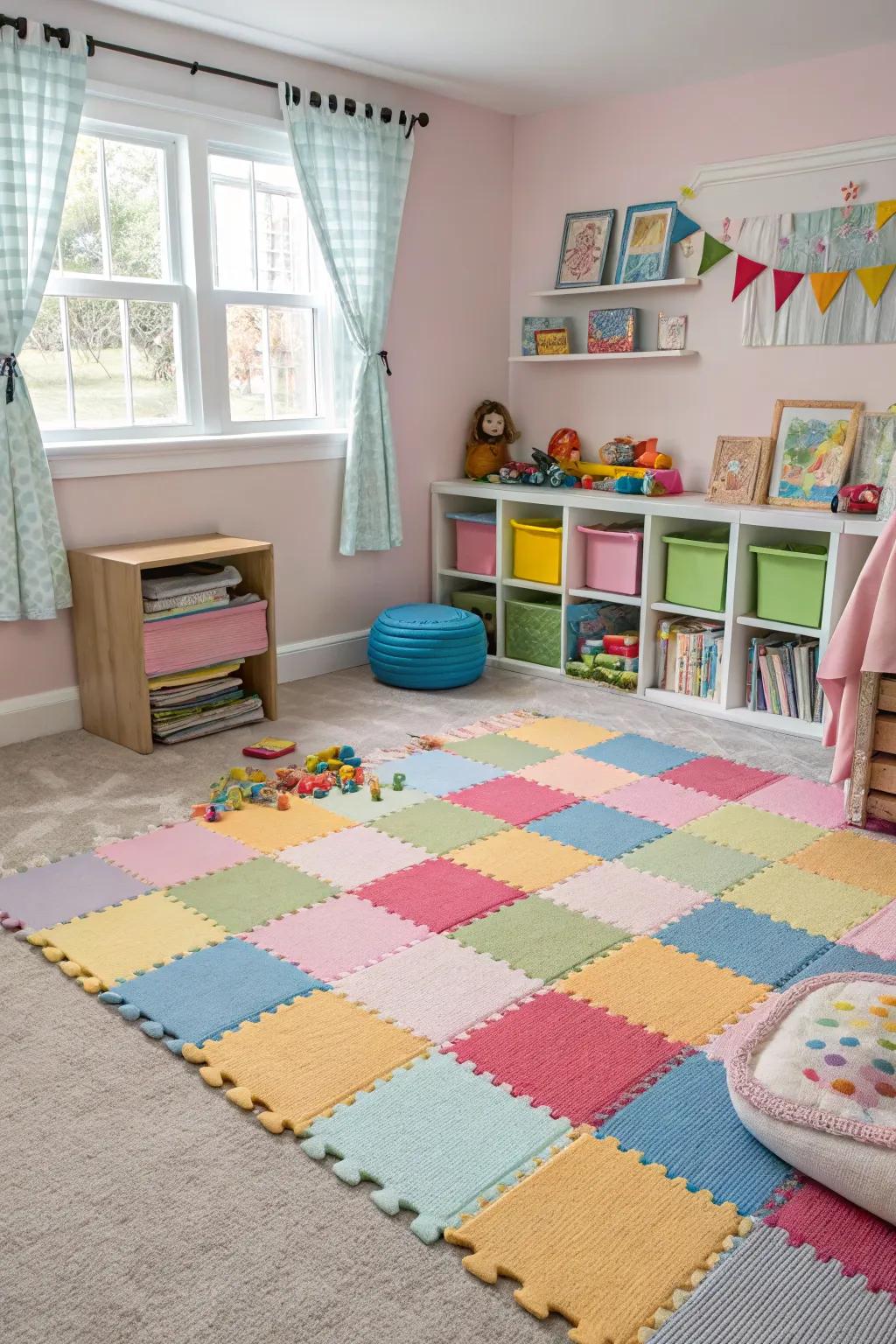 A children's room with versatile carpet tiles, offering mix and match possibilities.