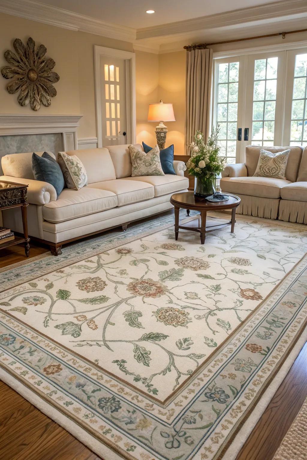 A chinoiserie rug grounding the living space with elegance.