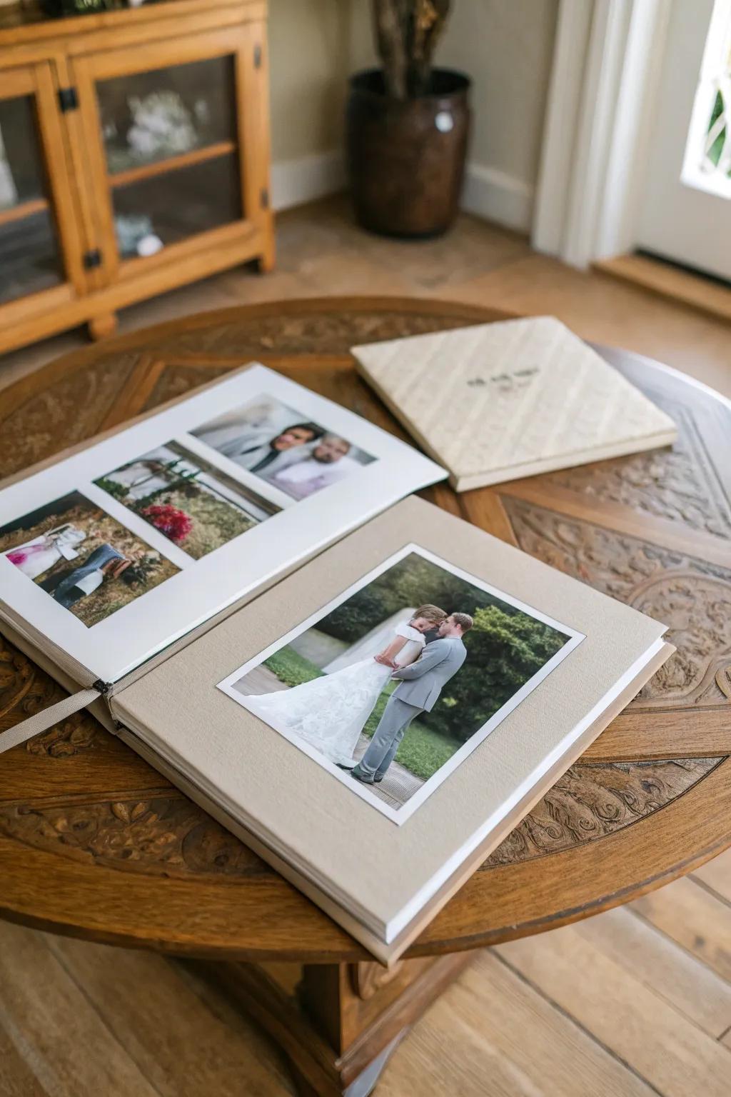 A personalized wedding album with a custom cover.