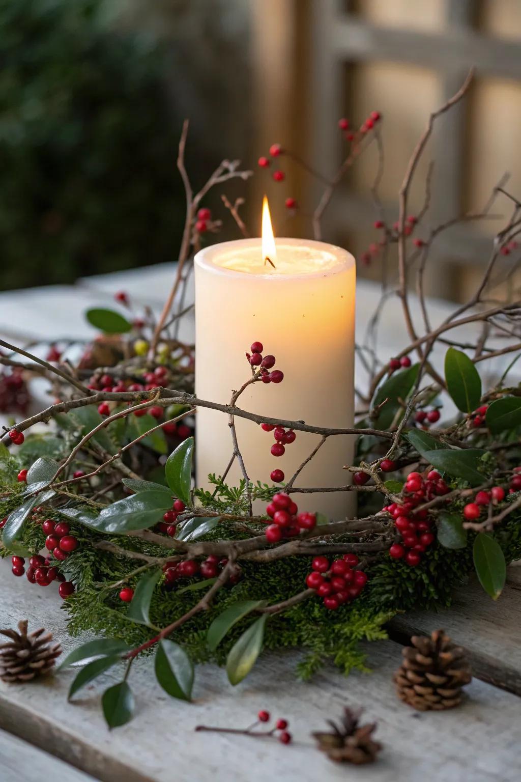 Embrace nature with branches and berries around your hurricane candle.