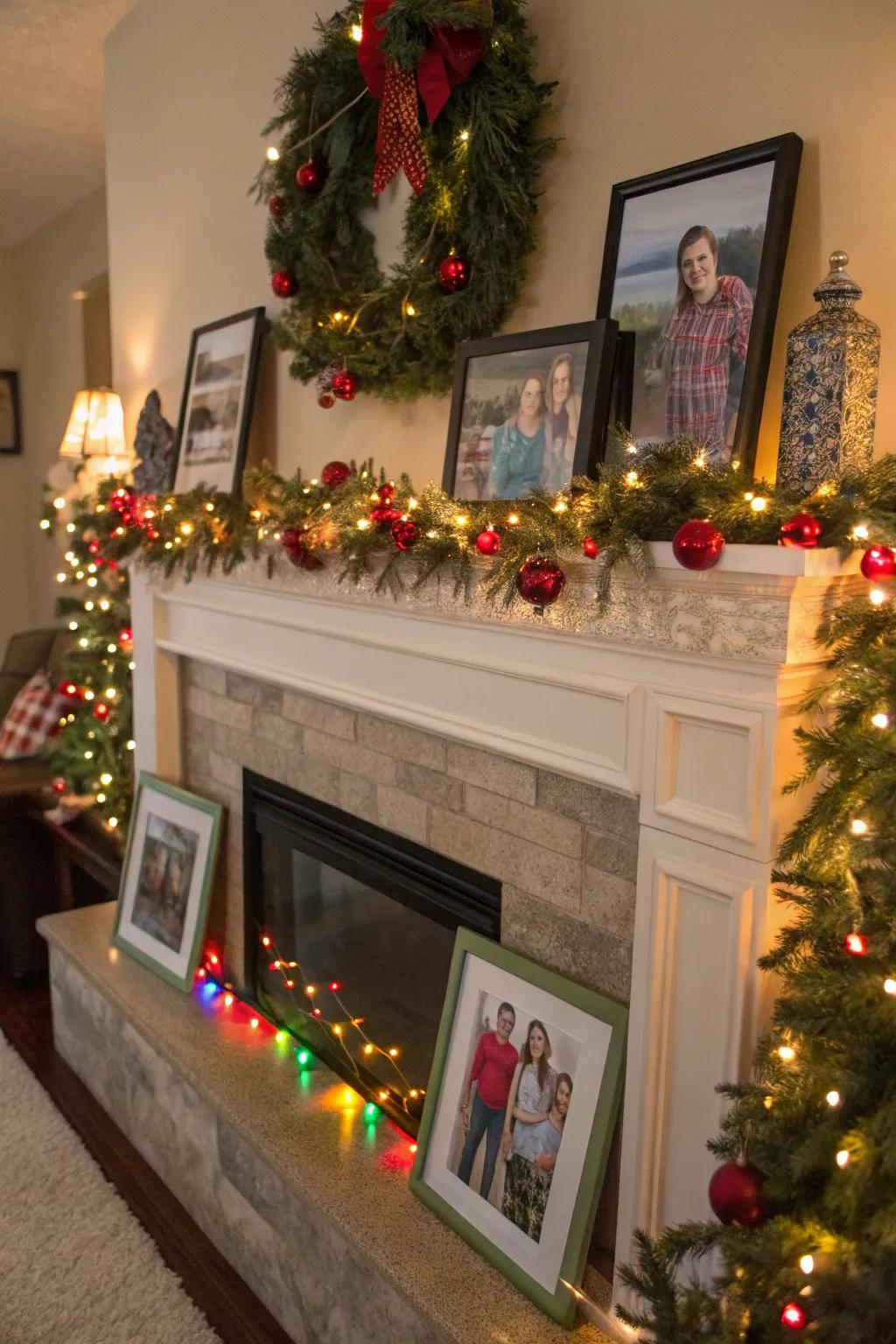 A sentimental Christmas mantel with family photos.