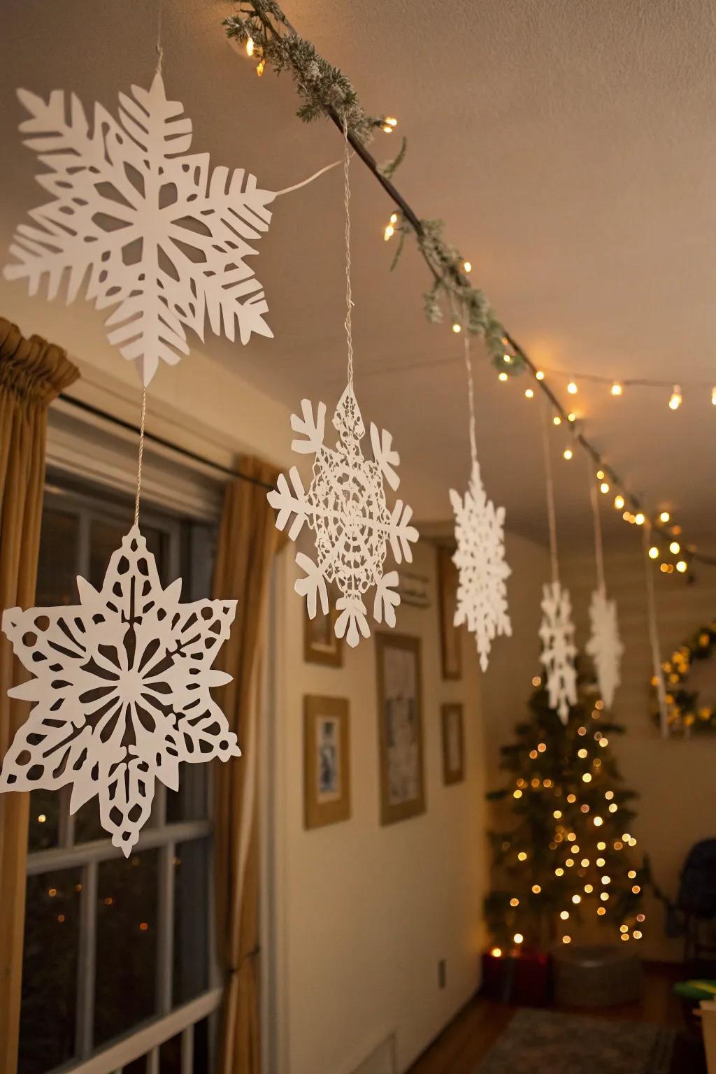 Paper snowflakes create a whimsical winter wonderland indoors.