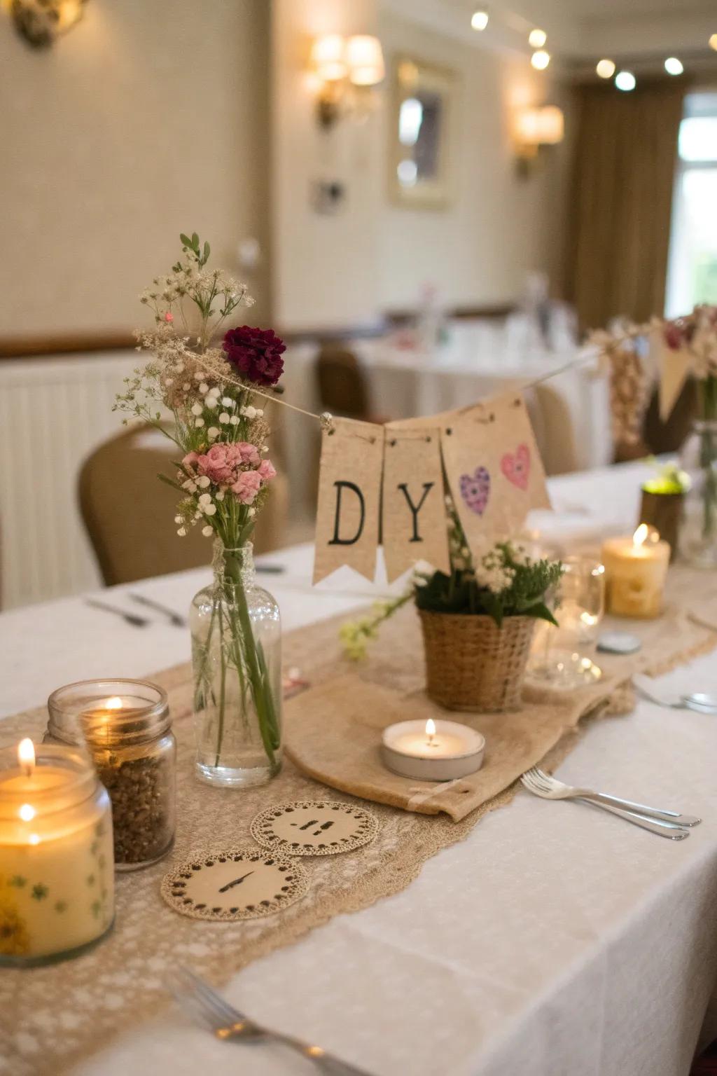 A personalized table setting with charming DIY elements.