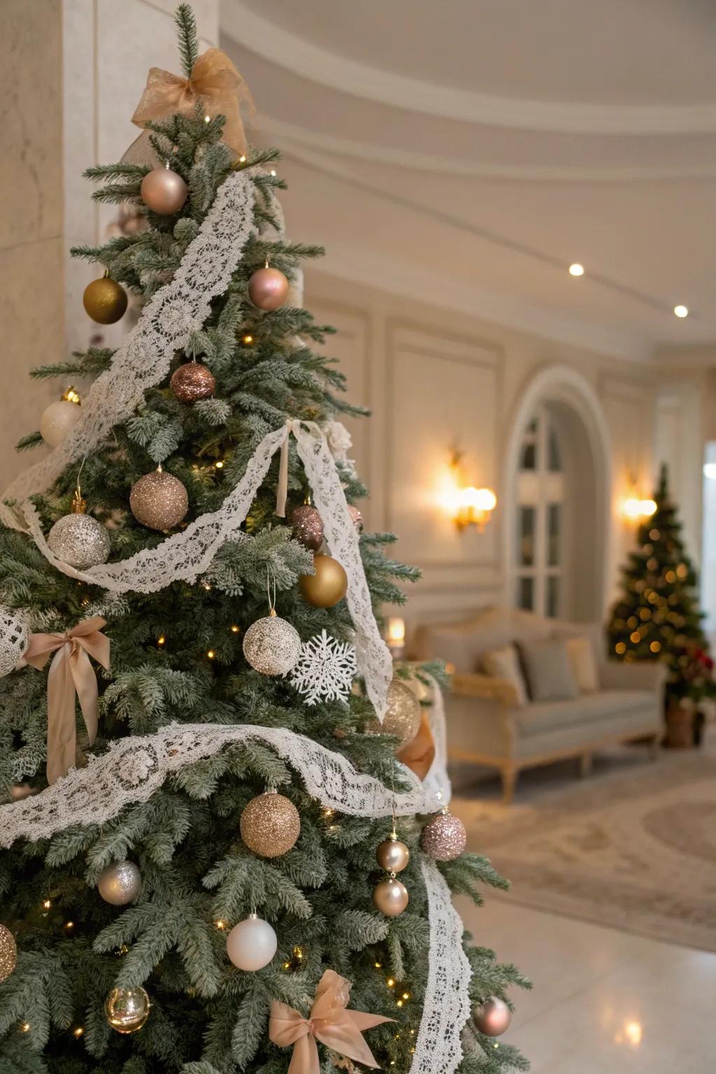 A vintage Christmas tree with lace garlands