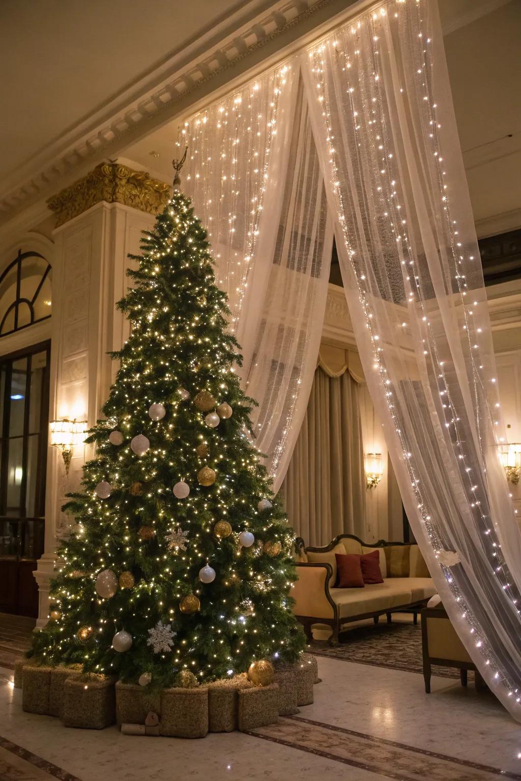 A curtain effect adding elegance to a Christmas tree.