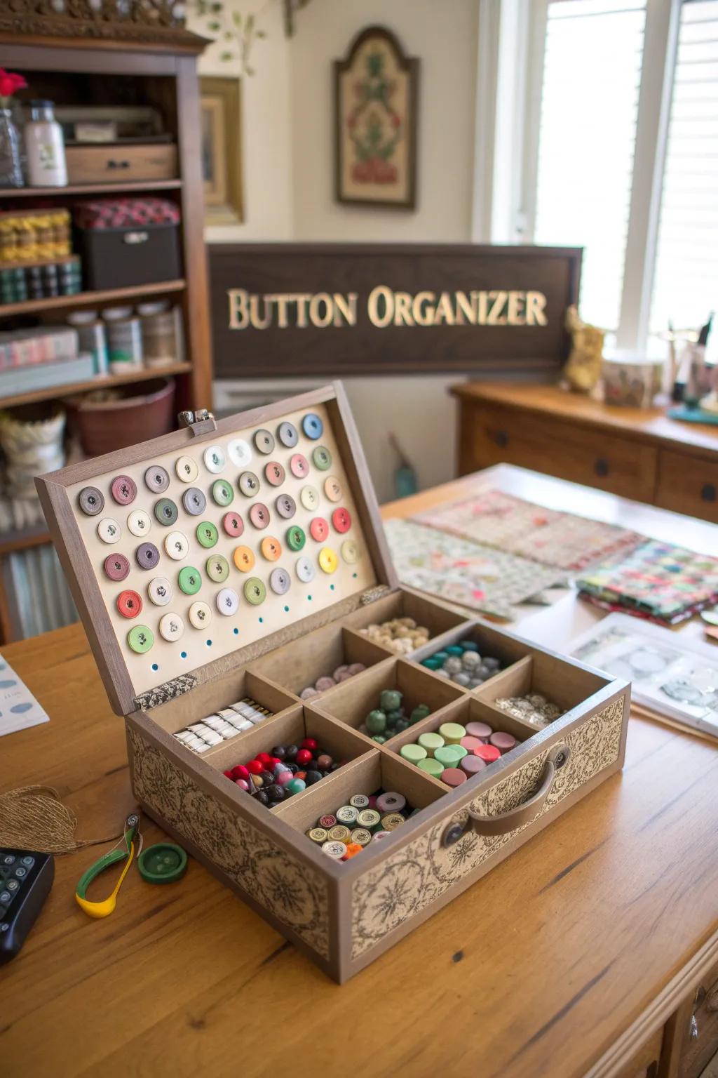 A crafty button organizer from a cigar box keeps your buttons sorted.