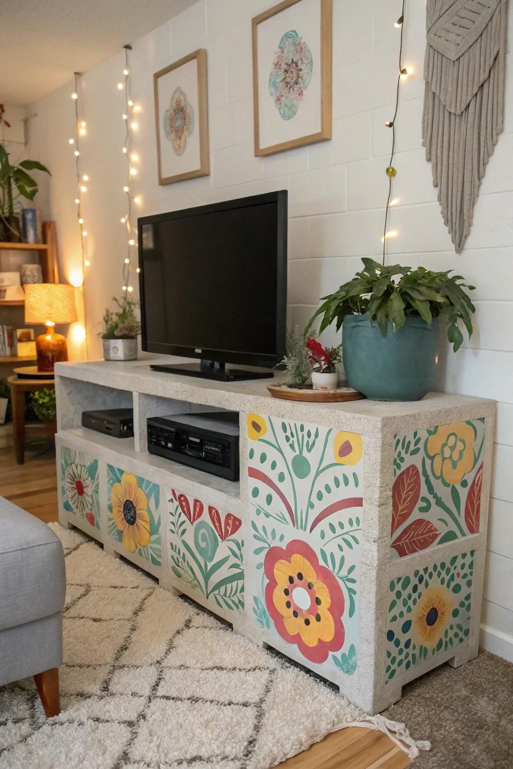 Artistic designs turn this cinder block TV stand into a statement piece.