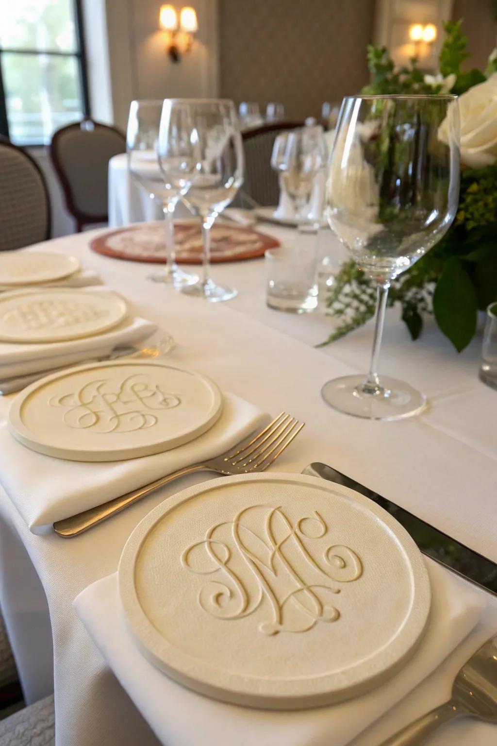 Embossed monogram coasters add a personal and elegant touch.