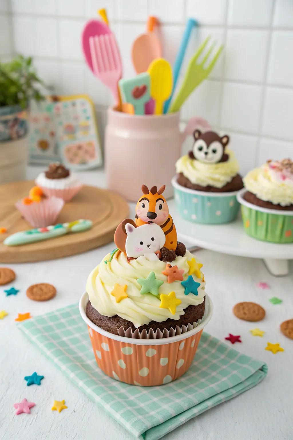 A frosted animal friends clay cupcake, adorable and fun.