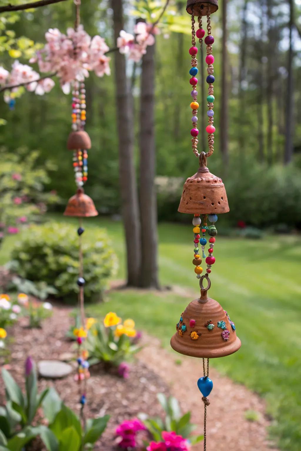 Enhance your garden with decorative clay wind chimes.