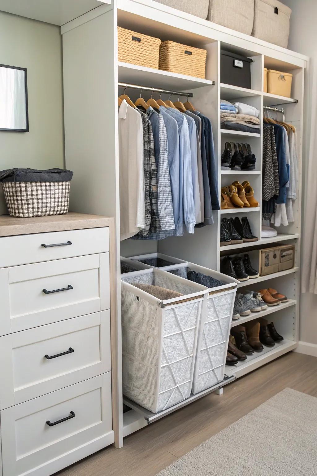 Pull-out hampers integrated into a dresser, offering hidden laundry storage.