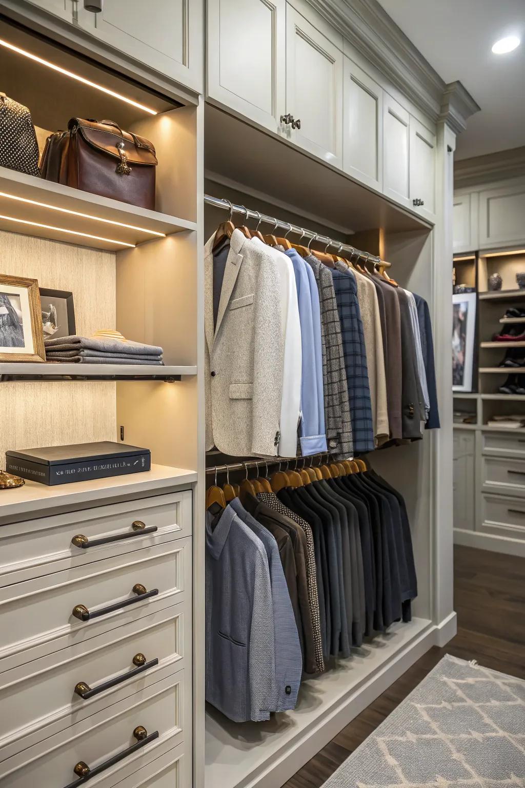 A closet with a valet rod for planning and organizing outfits.