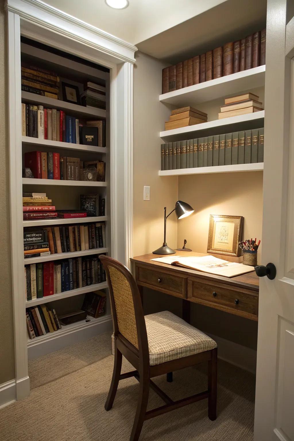 A small desk adds functionality for writing or study.