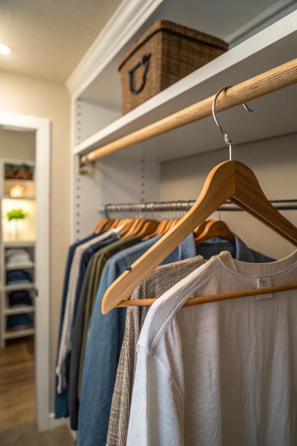 A wooden dowel serving as a simple yet effective clothes hanger.