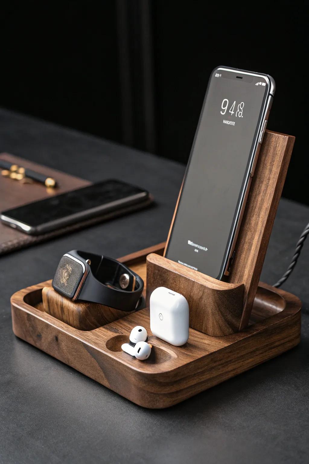 Elevate your workspace with this artisan CNC charging dock – where functionality meets style.