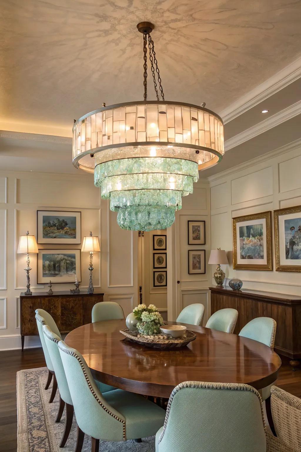 Seaglass chandeliers add colorful elegance to your dining area.