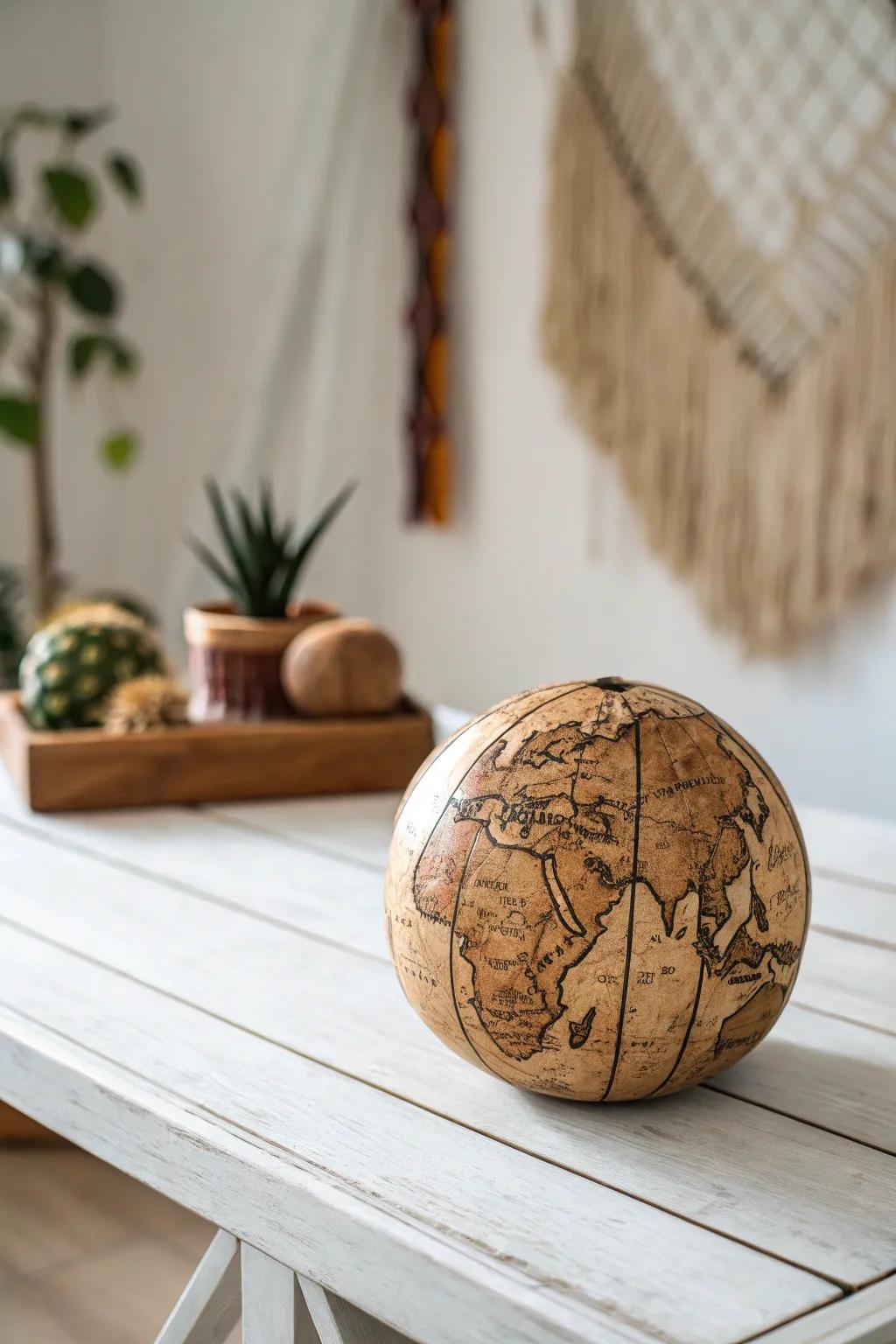 Add a touch of vintage charm to your decor with this beautifully painted coconut shell map.