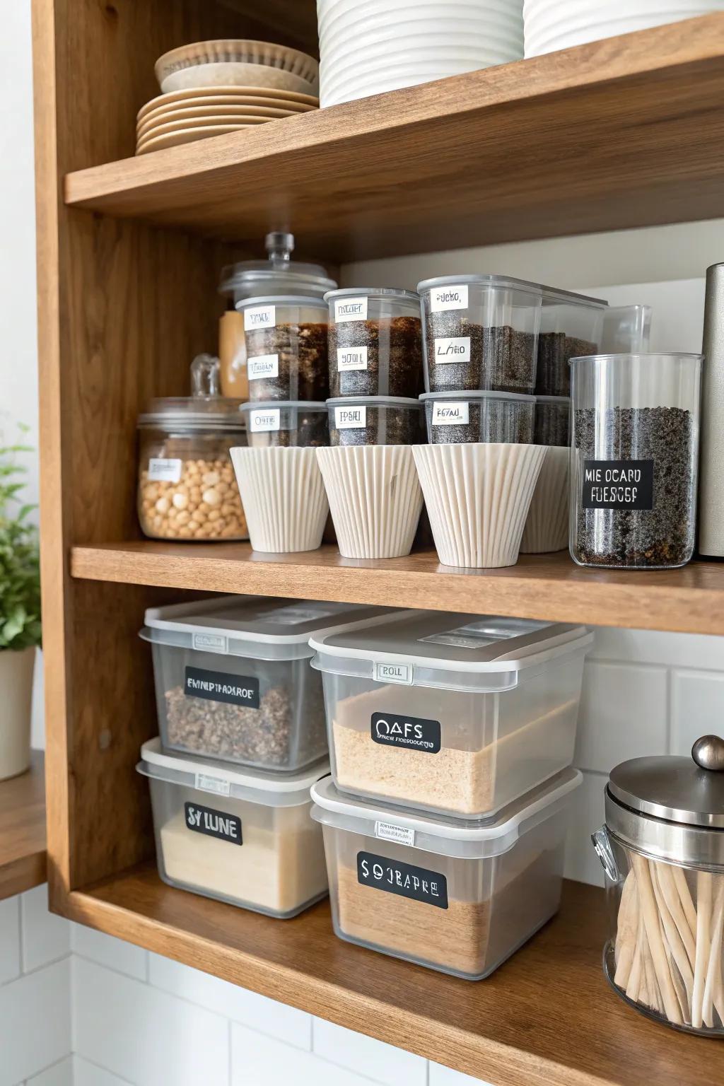 Stackable containers keep storage neat and organized.