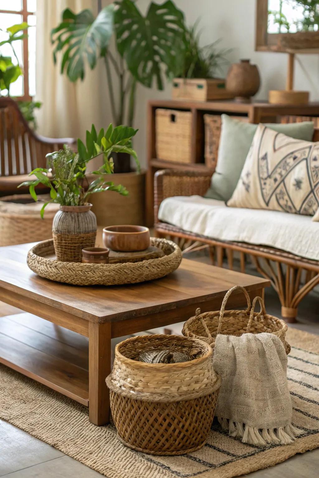 Nature-inspired textures create an organic feel on the coffee table.