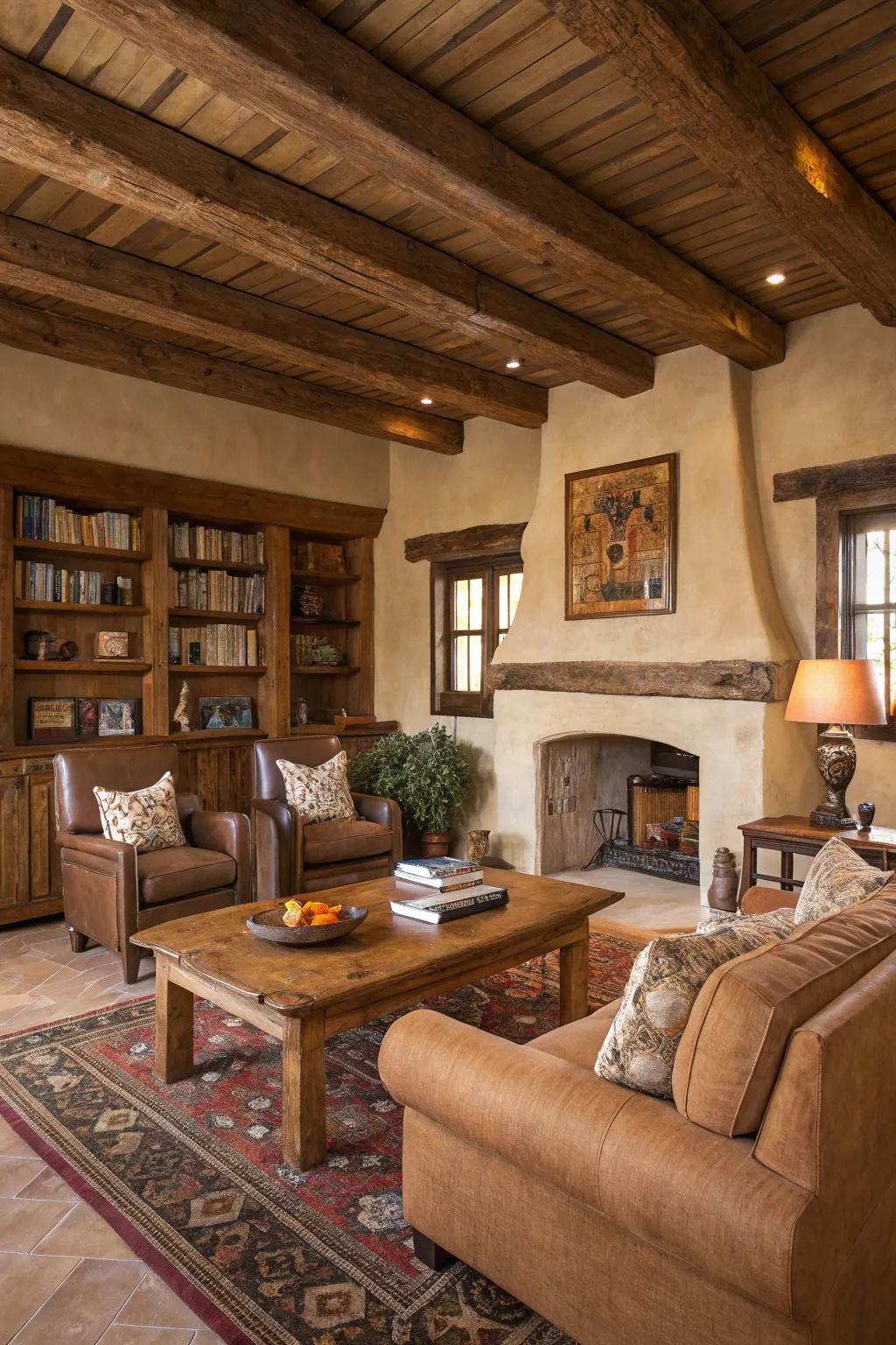 A cozy living room with earthy brown hues.