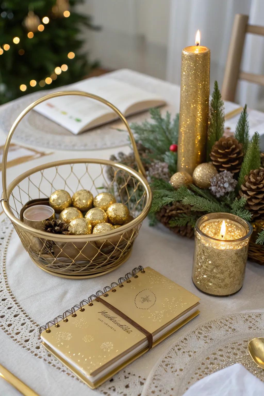 Add luxury with a glamorous gold-themed gift basket.