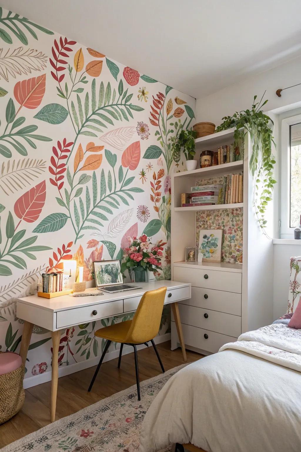 Patterned botanical wallpaper creates a bold and natural accent wall in this girls' room.