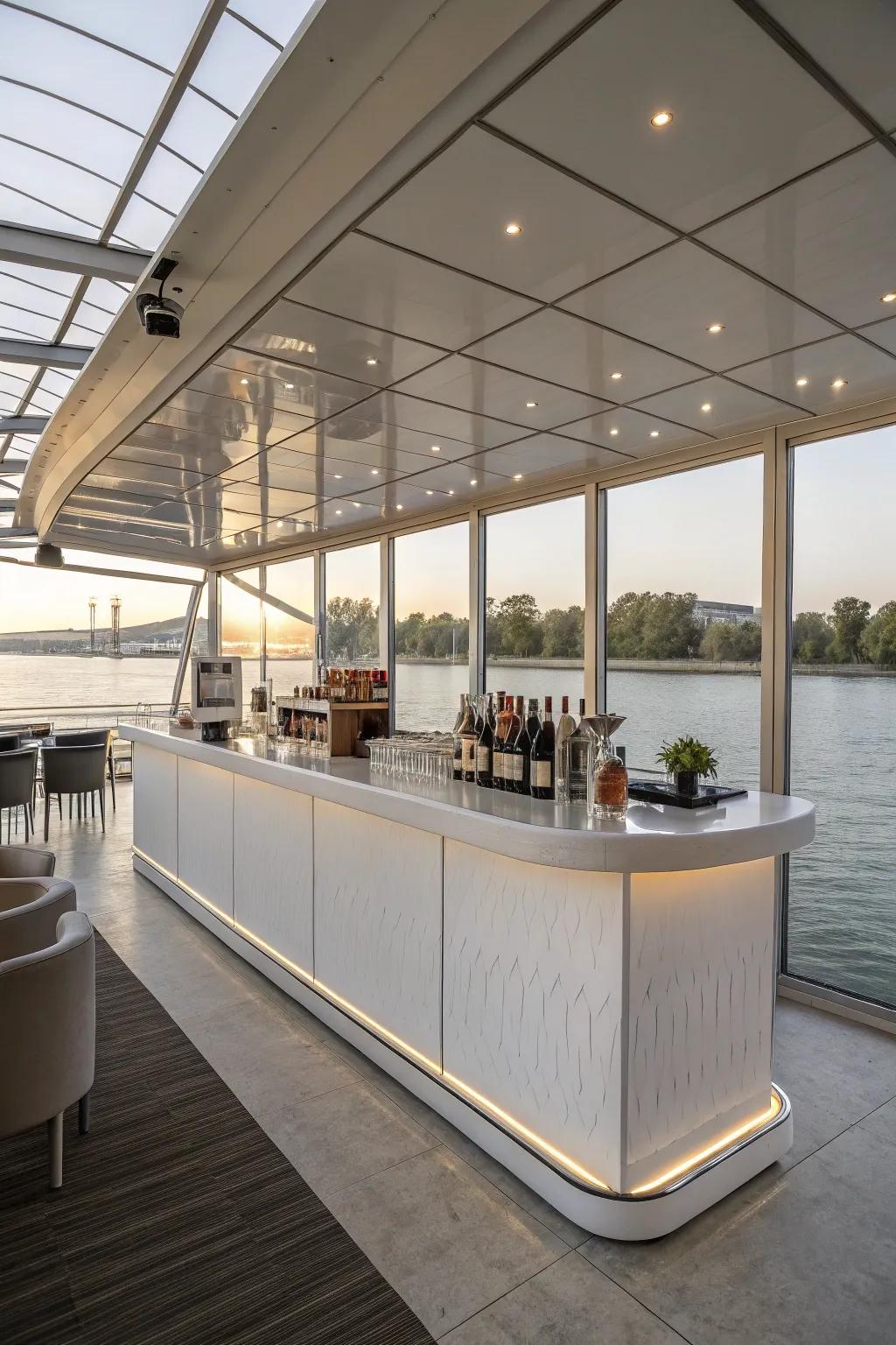 A floating salon bar with backlighting, offering a modern and airy aesthetic.