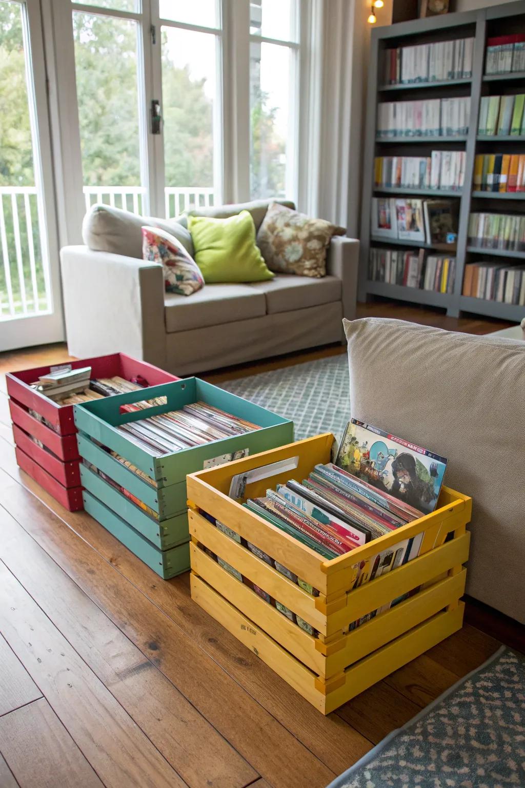 Wooden crates add rustic charm to your comic storage.