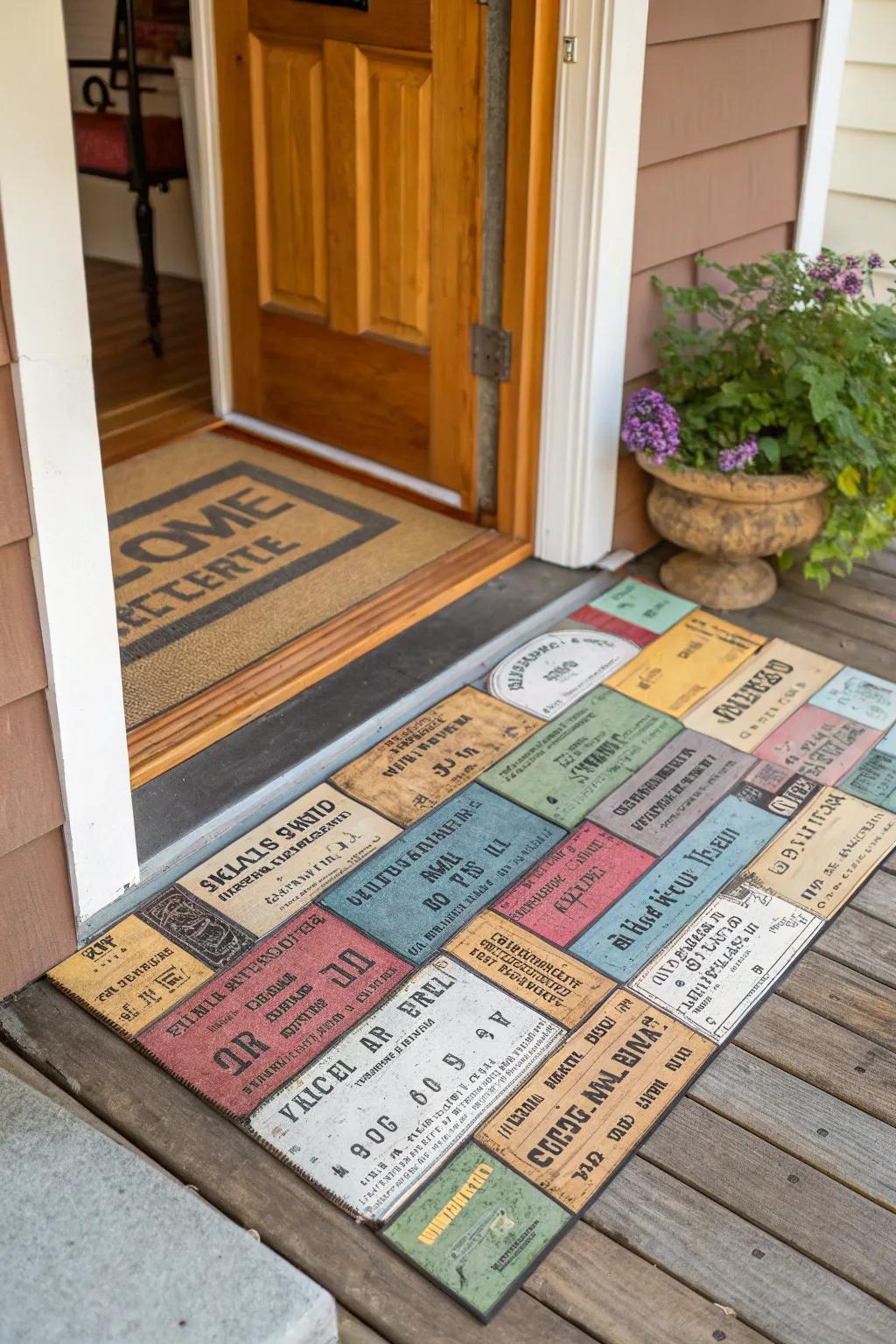 Welcome mat made of laminated concert tickets.