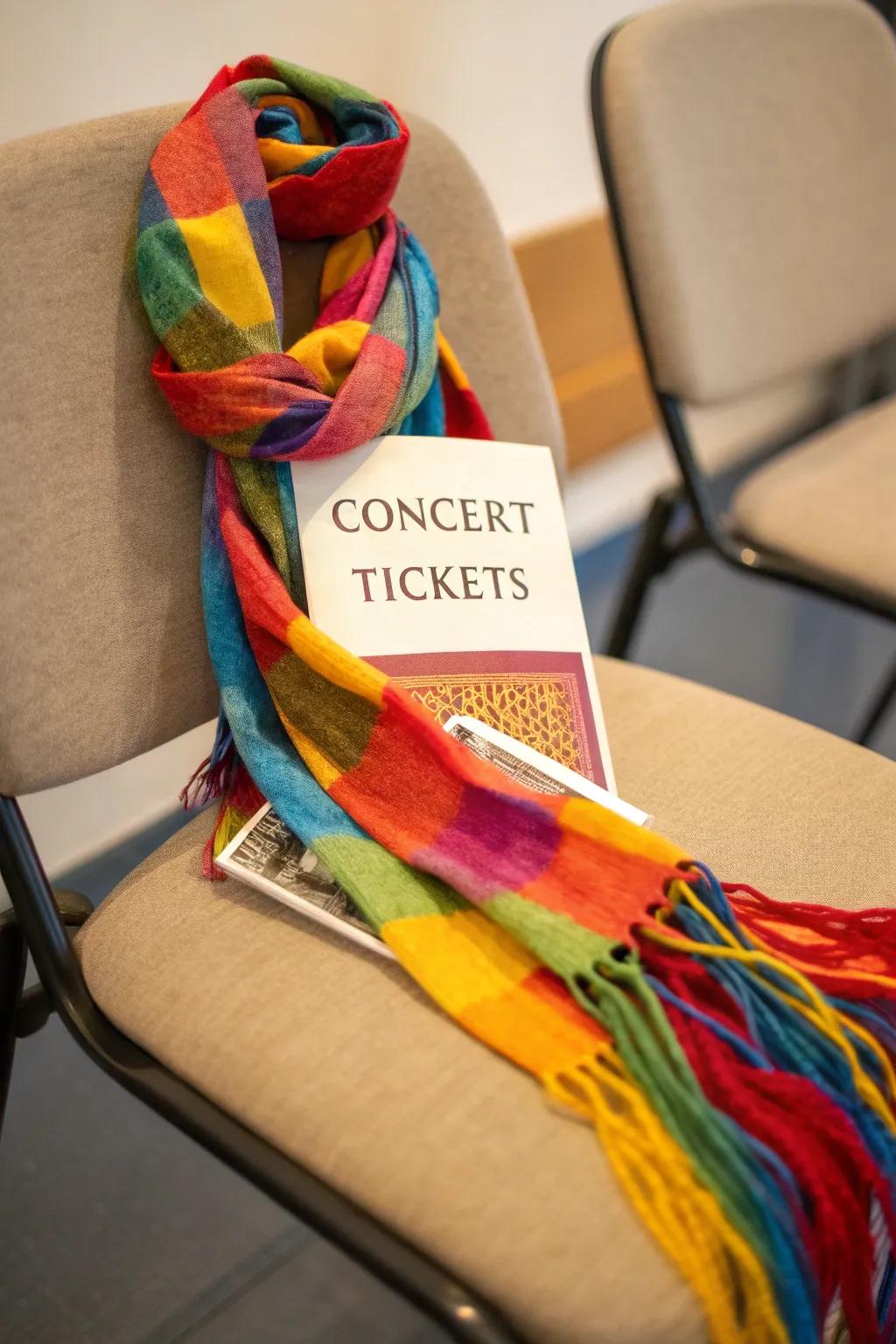 A warm scarf hiding the surprise of concert tickets.