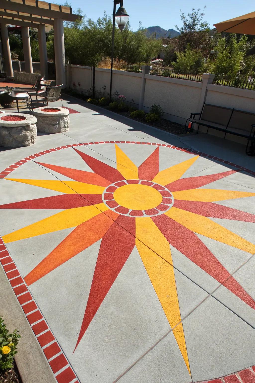 Transform your patio into a radiant oasis with a stunning sunburst design.