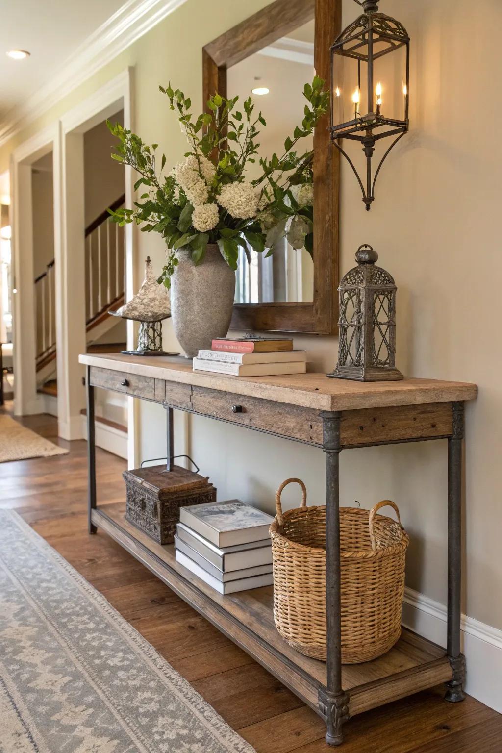 Modern rustic charm with natural elements on a console table.