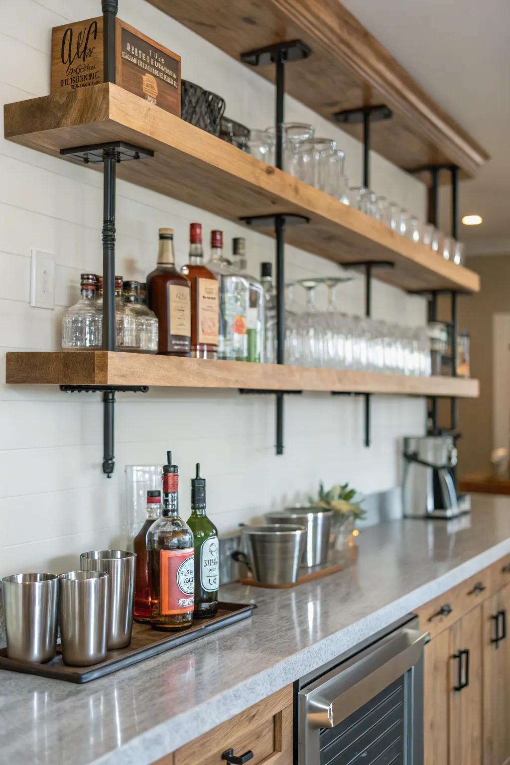 A minimalist home bar with simple and stylish shelving.