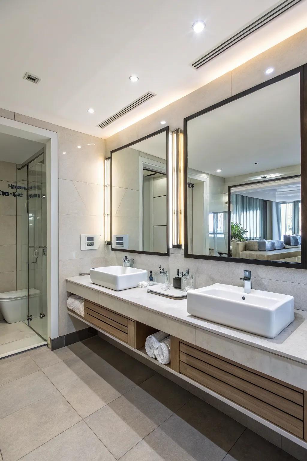 Large mirrors enhance the bathroom's sense of space and light.